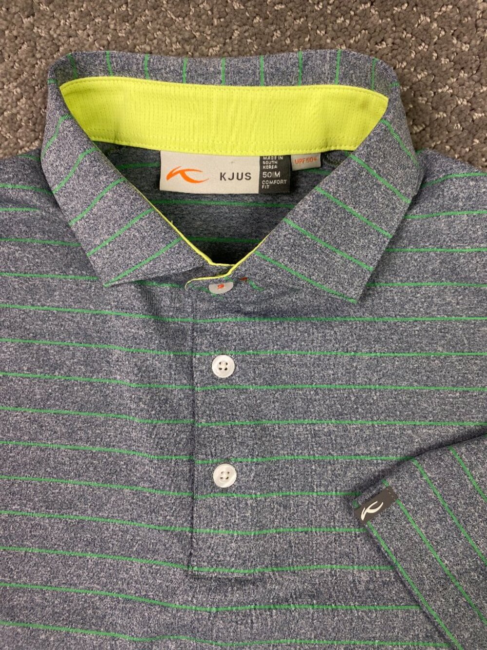 KJUS Polo Shirt Mens Medium Gray Green Yellow Stripe Golf Performance UPF 50+